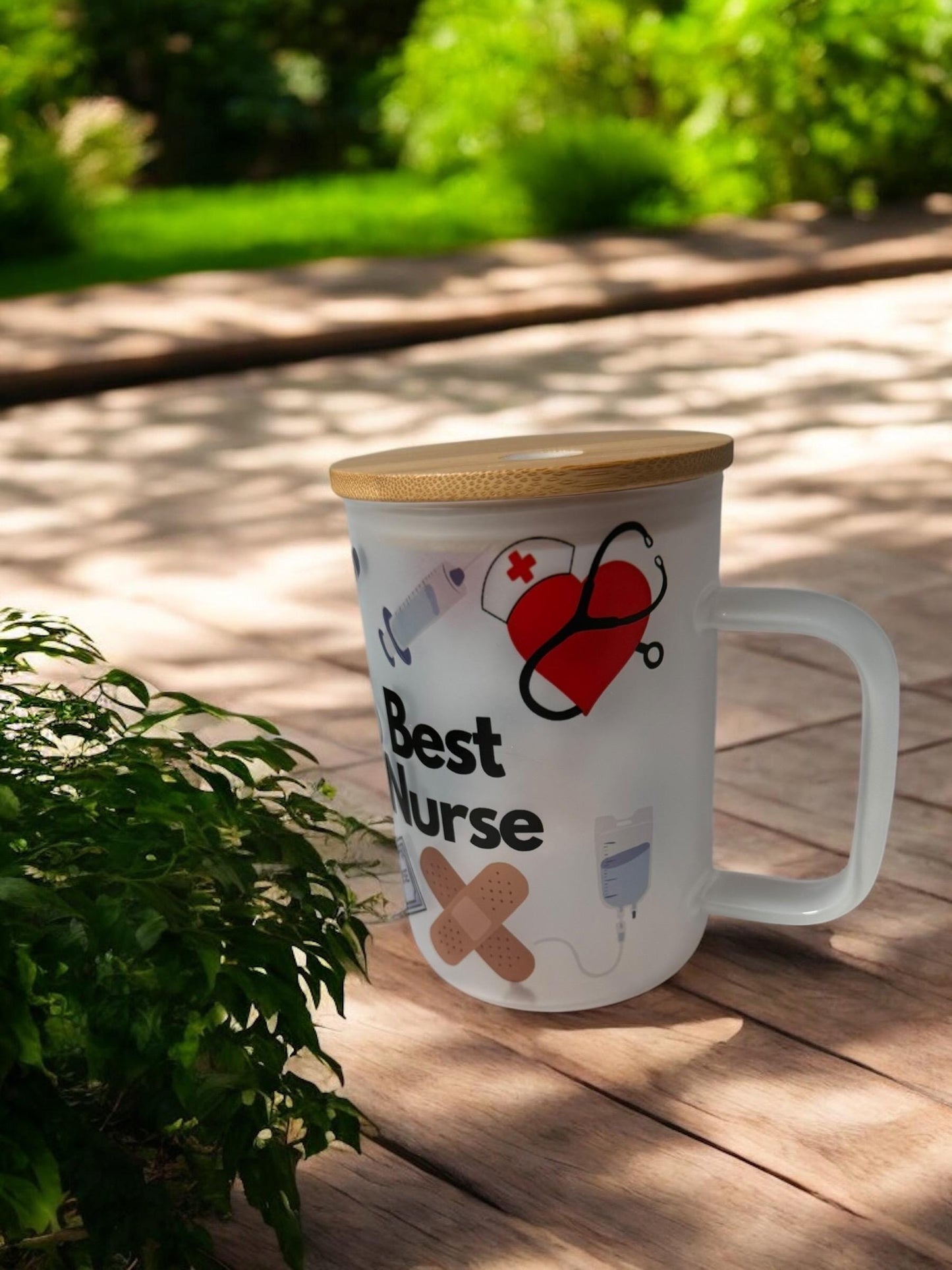 16oz. “BEST NURSE" frosted glass mug, with bamboo lid and glass straw
