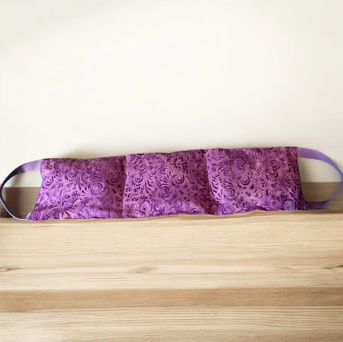Lavender microwavable rice neck hot pack, with removable cover and handles,