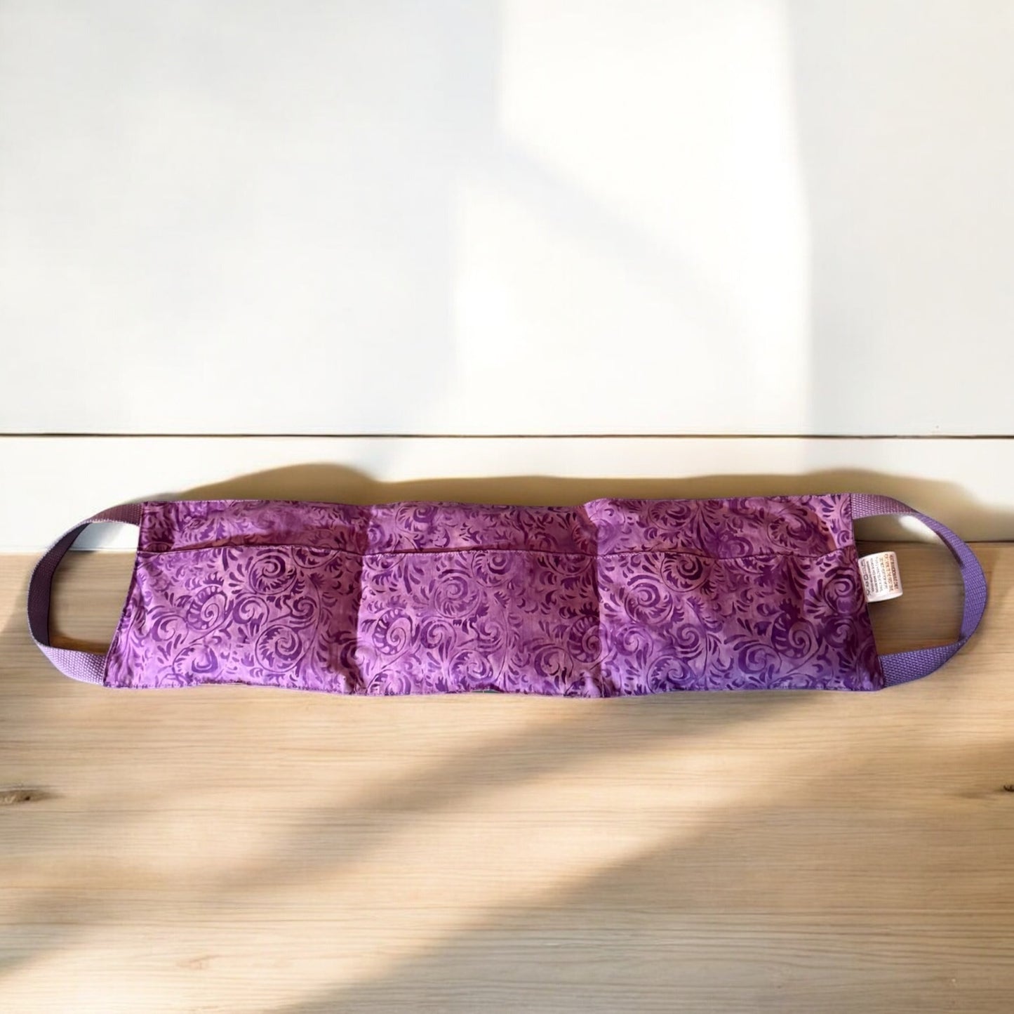 Lavender microwavable rice neck hot pack, with removable cover and handles,