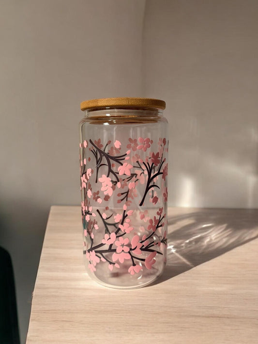 16 oz. Cherry Blossom  glass cup with bamboo lid and glass straw