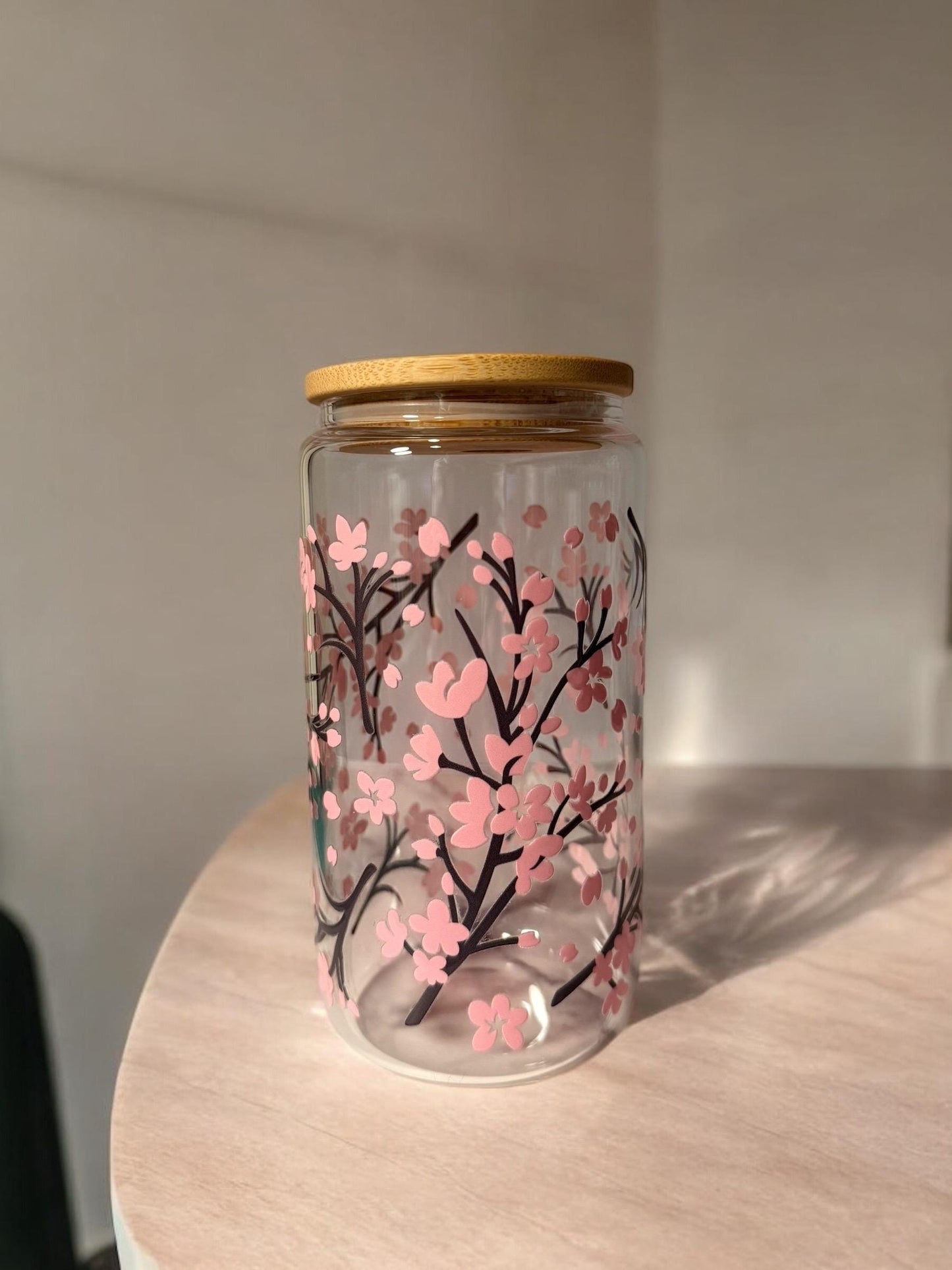 16 oz. Cherry Blossom  glass cup with bamboo lid and glass straw