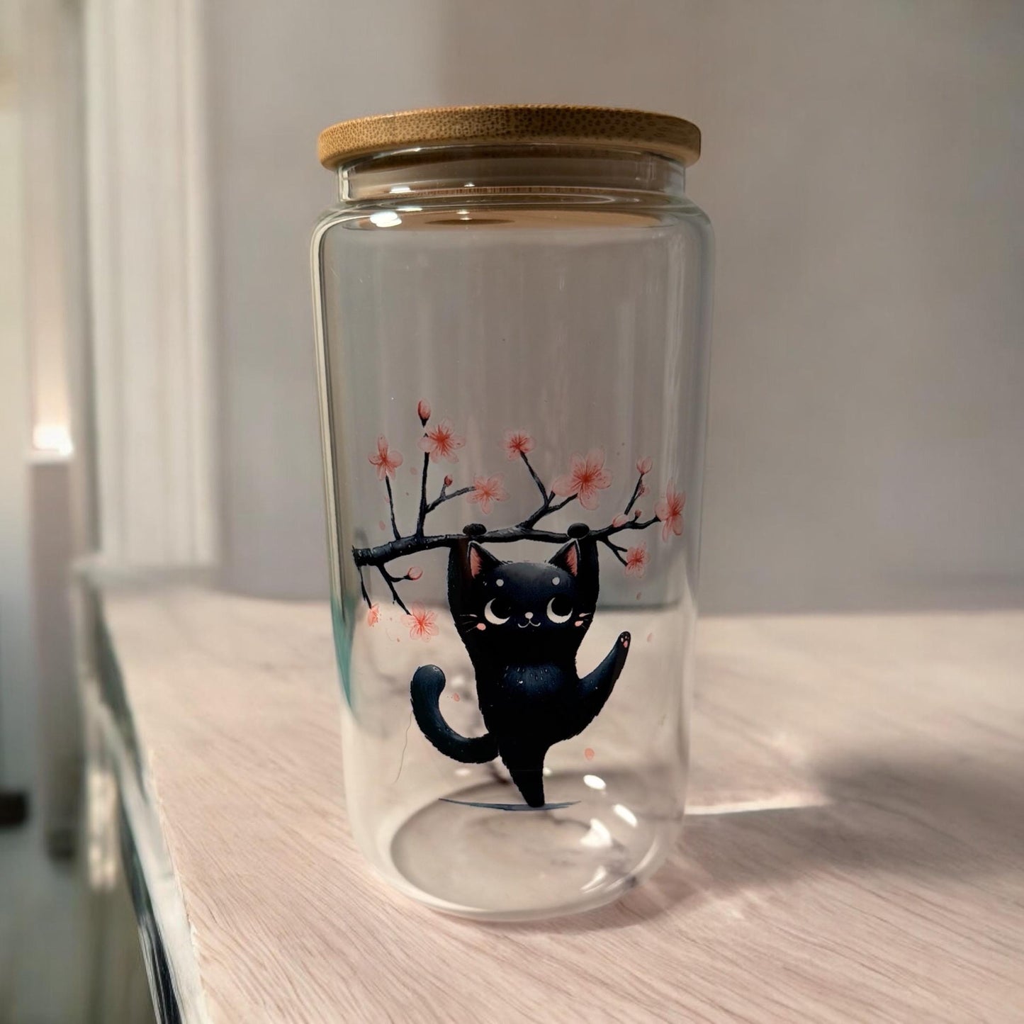16 oz. Black cat  glass cup with bamboo lid and glass straw