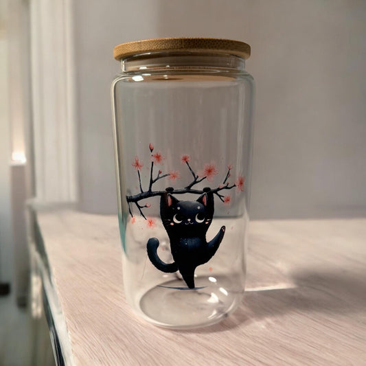 16 oz. Black cat  glass cup with bamboo lid and glass straw