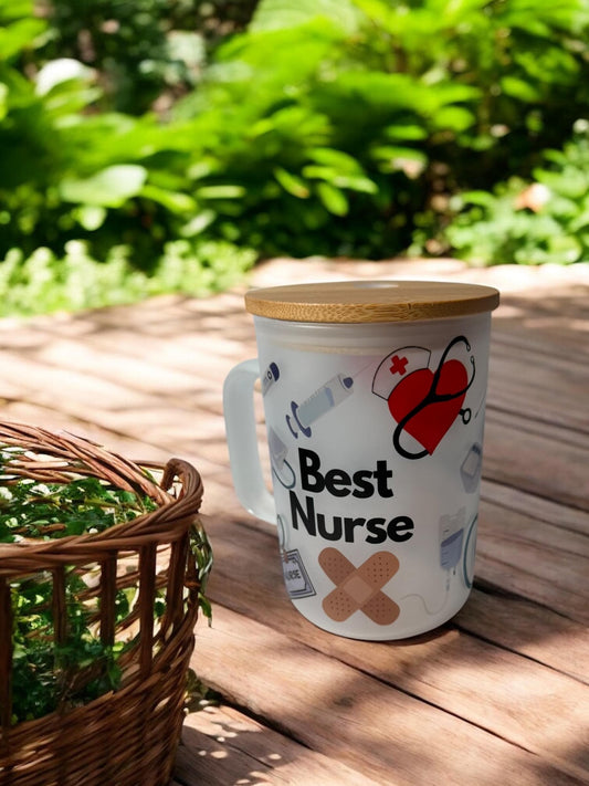 16oz. “BEST NURSE" frosted glass mug, with bamboo lid and glass straw